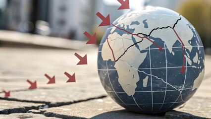 Cracked Digital Globe with Floating Down Arrows. Perfect for: International Economy Day, Downtrend Analysis