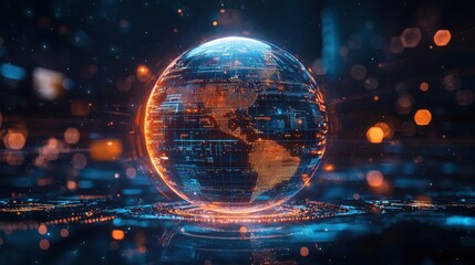 Obraz premium A glowing digital globe surrounded by vibrant lights, representing technology, connectivity, and global communication in a futuristic setting.