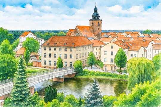 Havelberg town center aquarell havelland