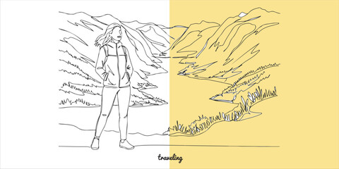 A female traveler embarks on a solo adventure, embracing the beauty of the towering mountains surrounding her. As she takes in the breathtaking scenery, she finds joy in the serenity of nature.