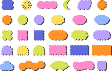 Set y2k groovy and boho geometric shapes. Vector frames with wavy borders and black shadows
