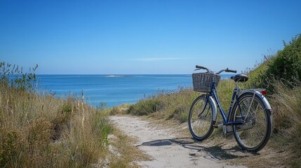 Fototapeta premium Bike Parked by the Sea with a Beautiful Coastal View