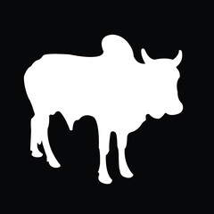 Cow Silhouette with Hump and Horns on Black Background