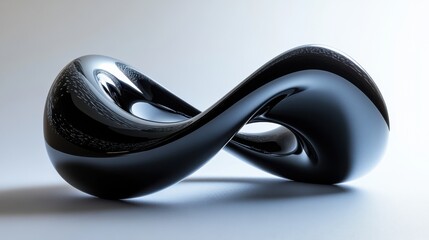 A sleek, black sculpture representing infinity, featuring smooth curves and a shiny surface that reflects light elegantly.