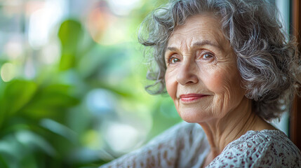 A thoughtful senior woman with gray curly hair looks pensively out a window at a blurred green garden reflecting on life's journey and memories.