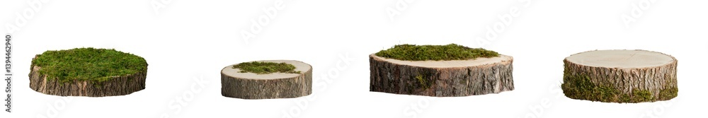 Poster isolated minimalist mockups of wooden slices with moss on a clean white background showcasing natura