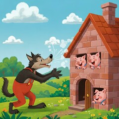 Big Bad Wolf Blowing House Down Three Little Pigs Fairytale Illustration