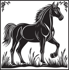 Powerful black and white vector illustration of a horse in full gallop, with flowing mane and tail, and dynamic grass details. Represents freedom, strength, and equestrian themes.