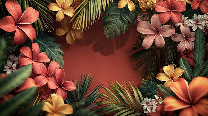 Fototapeta premium A vibrant tropical floral arrangement with lush foliage creates a stunning heart-shaped frame against a rich terracotta background perfect for summer designs and exotic themed