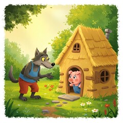 A Big Bad Wolf encounters a frightened pig in its straw house nestled in a sunny forest clearing © Bayu