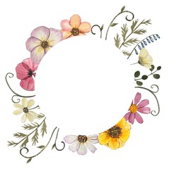 Round frame with watercolor pressed dried flowers. Isolated on white background