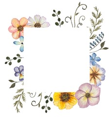 Frame with watercolor pressed dried flowers. Isolated on white background