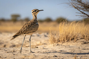 Obraz premium Amid golden grasses, the Courser bird pauses alertly, elegantly marked with eye-stripe and speckled feathers, blending beautifully with the sunlit, windswept savanna landscape