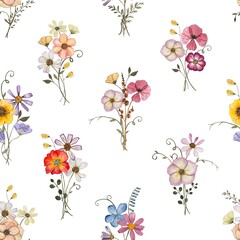 Floral seamless pattern with dried pressed flowers. Watercolor on white background