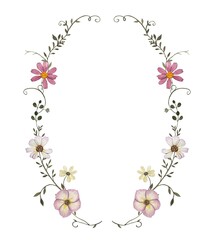 Floral wreath with dark green leaves and dried pressed flowers. Watercolor