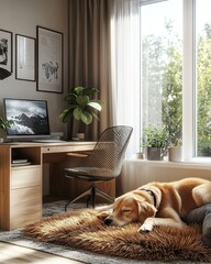 A golden retriever sleeps on a fluffy rug next to a modern desk in a cozy, pet-friendly home office interior with natural light streaming in from the window, neutral tones and minimalist IKEA style.