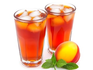 Refreshing Iced Peach Tea in Glasses with Ice Cubes and Mint