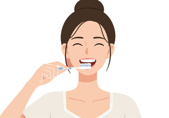 A smiling Asian woman brushes her teeth in a clean, bright studio setting. Simple composition, healthy lifestyle concept. Perfect for dental hygiene ads.