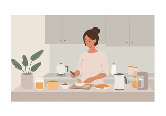A young Asian woman prepares breakfast in a bright, modern kitchen. She's casually dressed and focused on her task. Clean, minimalist design.