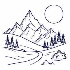 Winter Mountain Landscape Minimal Line Art Mountains with Full Moon – Clean and Stylish Nature Vector Design