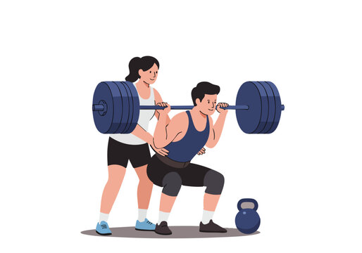 A woman spots a man squatting with a barbell. Fitness training, strength building, and healthy lifestyle concept. Modern gym setting.
