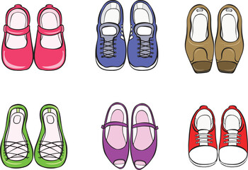 Cartoon shoe varieties. Colorful shoes.