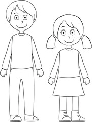 Black and white coloring activity. Boy and girl. Little girl and little boy.