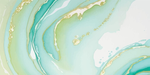 Abstract Watercolor Illustration Featuring Gentle Pastel Aquamarine and Soft Green Hues Blended in a Fluid Composition, Enhanced with Shimmering Golden Lines and a Dreamy Marbled Paper Texture