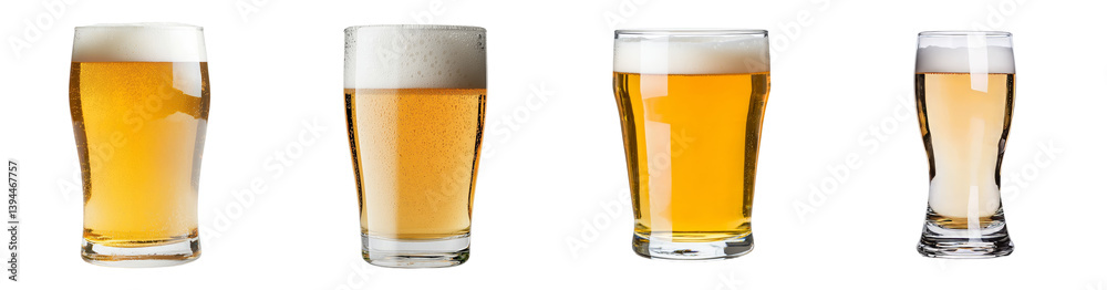 Poster various styles of beer served in clear glasses on a minimalist background showcasing their distinct 