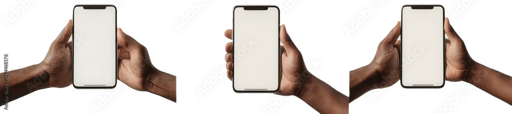 Poster hands holding isolated minimalist smartphone mockups with blank screens for design presentations