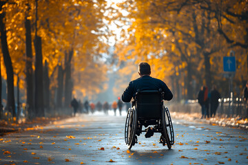 Athlete in Wheelchair Racing During Autumn Marathon – Adaptive Sports and Empowerment