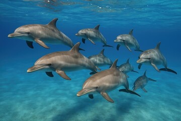 Fototapeta premium Playful dolphins swimming underwater.