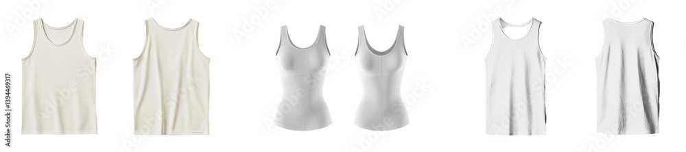 Poster minimalist mockups showcasing versatile tank tops in various styles and cuts on a clean, isolated ba