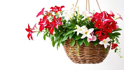 Fototapeta premium Red and White Lagerstroemia and Gaura in Hanging Basket - Summer Garden Decor