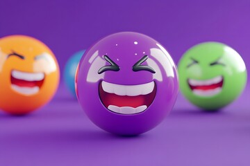 Fototapeta premium A group of colorful round balls with smiling faces on them. The balls are arranged in a row, with one of them being purple and the others being green. Scene is cheerful and lighthearted