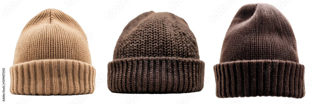 Aufkleber Minimalist mockups showcasing three distinct beanie hats in neutral tones without any distractions or surroundings