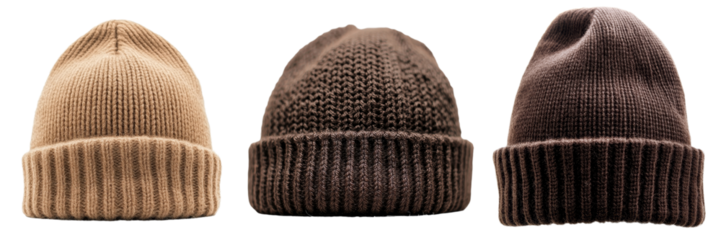 Minimalist mockups showcasing three distinct beanie hats in neutral tones without any distractions or surroundings