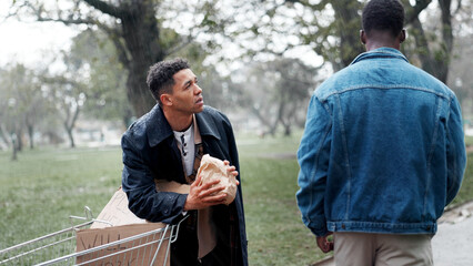 Homeless man, shopping cart and begging for food with brown paper bag, donation and support in...