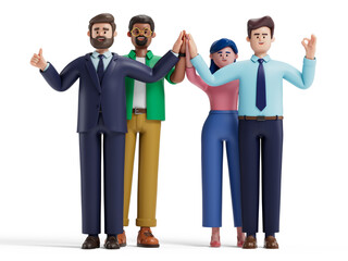 Four 3D people celebrate success, symbolizing teamwork and achievement. 3D rendering, conceptual image. Isolated on white background.