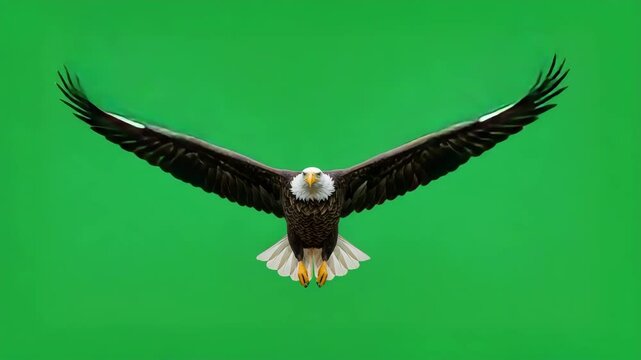 A bald eagle spreads its wings in full flight. The scene is isolated on a green screen for chroma key use