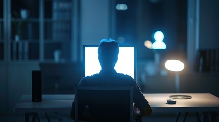 Fototapeta premium A person sitting at a desk working on a computer, represented as an icon.