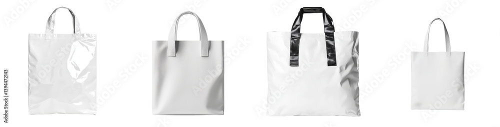 Poster minimalist mockups of various white tote bags displayed in a clean, isolated setting for design insp
