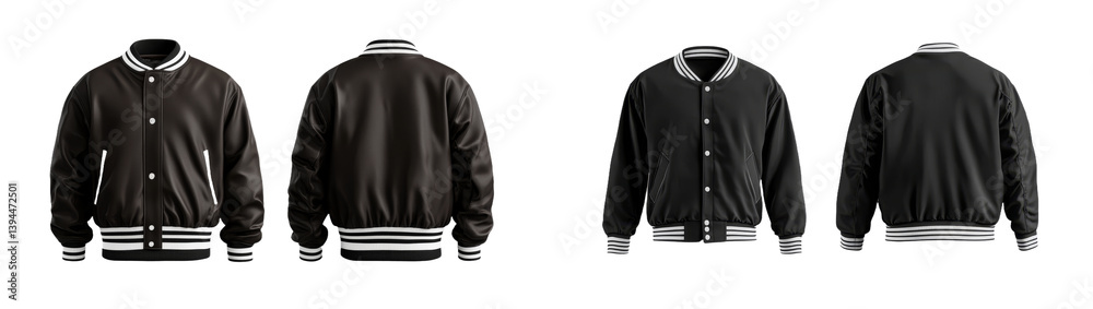 Leinwandbilder minimalist mockups of black varsity jackets displayed from multiple angles for design and presentati