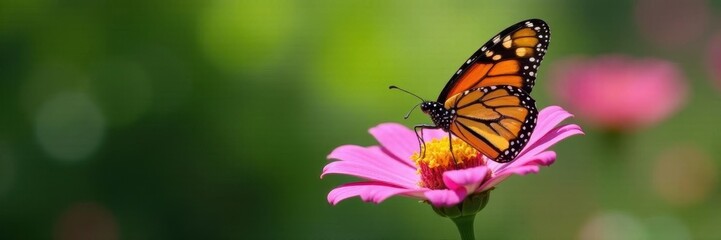 Fototapeta premium Monarch butterfly wings spread wide, perched on vibrant pink flower, nature photography, colorful, flower