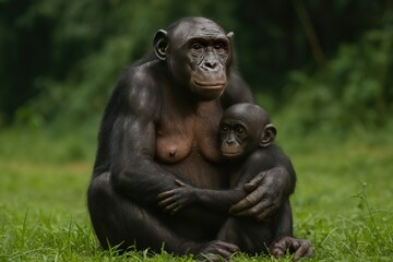 Bonobo mother embraces baby.