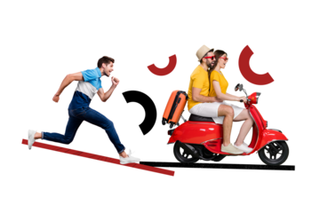 Magazine template collage of family trip ride moped bike young guy rush fast for summer season resort booking holiday ads
