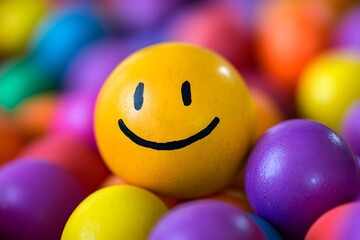 A yellow smiley face is placed on top of a pile of colorful eggs. Concept of happiness and playfulness, as the smiley face is surrounded by a variety of different colored eggs