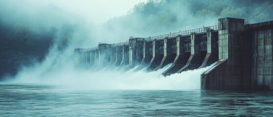 A massive dam releases torrents of water, enveloped in mist, against a backdrop of lush greenery and a tranquil river beneath.
