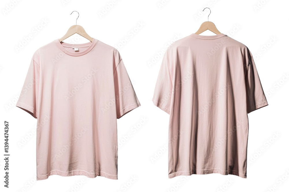 Fototapete minimalist mockups of a light pink t-shirt displayed from multiple angles on simple hangers in a cle