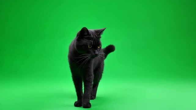 Curious black cat walking around on green screen background for chroma key use